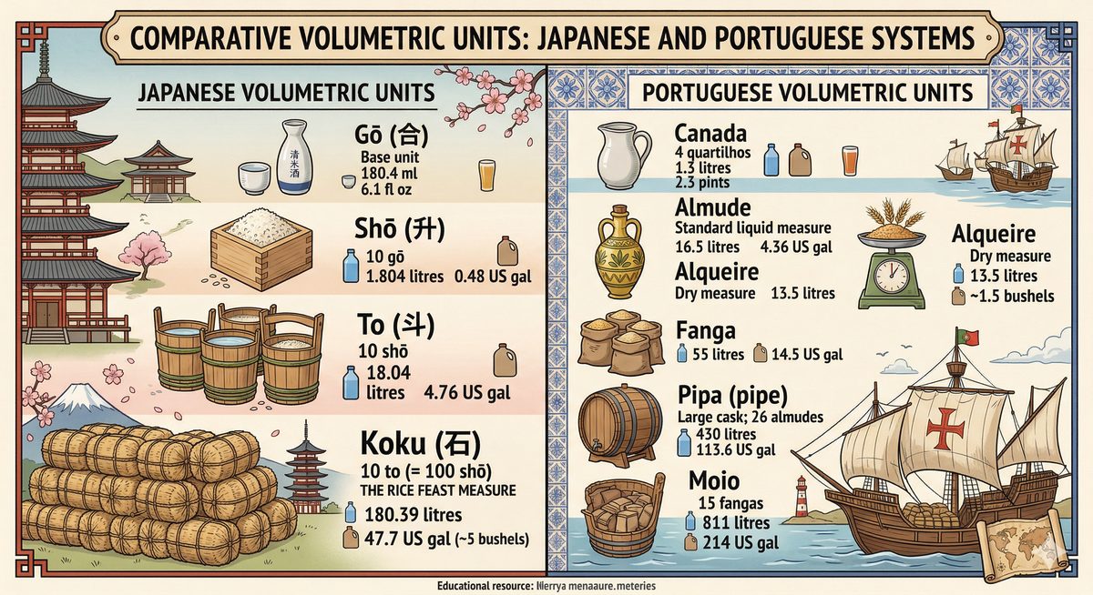 Comparative infographic of Japanese and Portuguese volumetric units