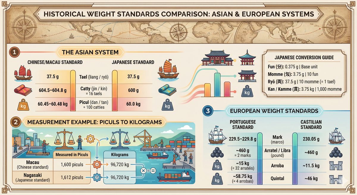 Historical weight standards comparison: Asian and European systems