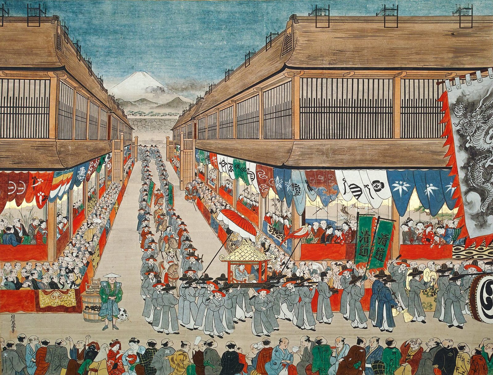 Arrival of a Korean embassy procession in Edo, painted by Hanegawa Tōei