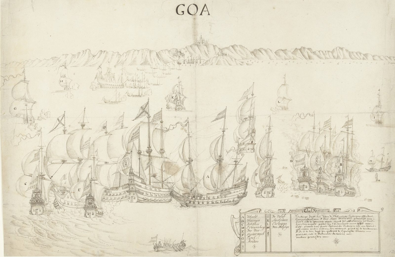 Pen drawing of warships in battle off a mountainous coast, cannon smoke drifting between the hulls, GOA lettered above and a titled cartouche at lower right