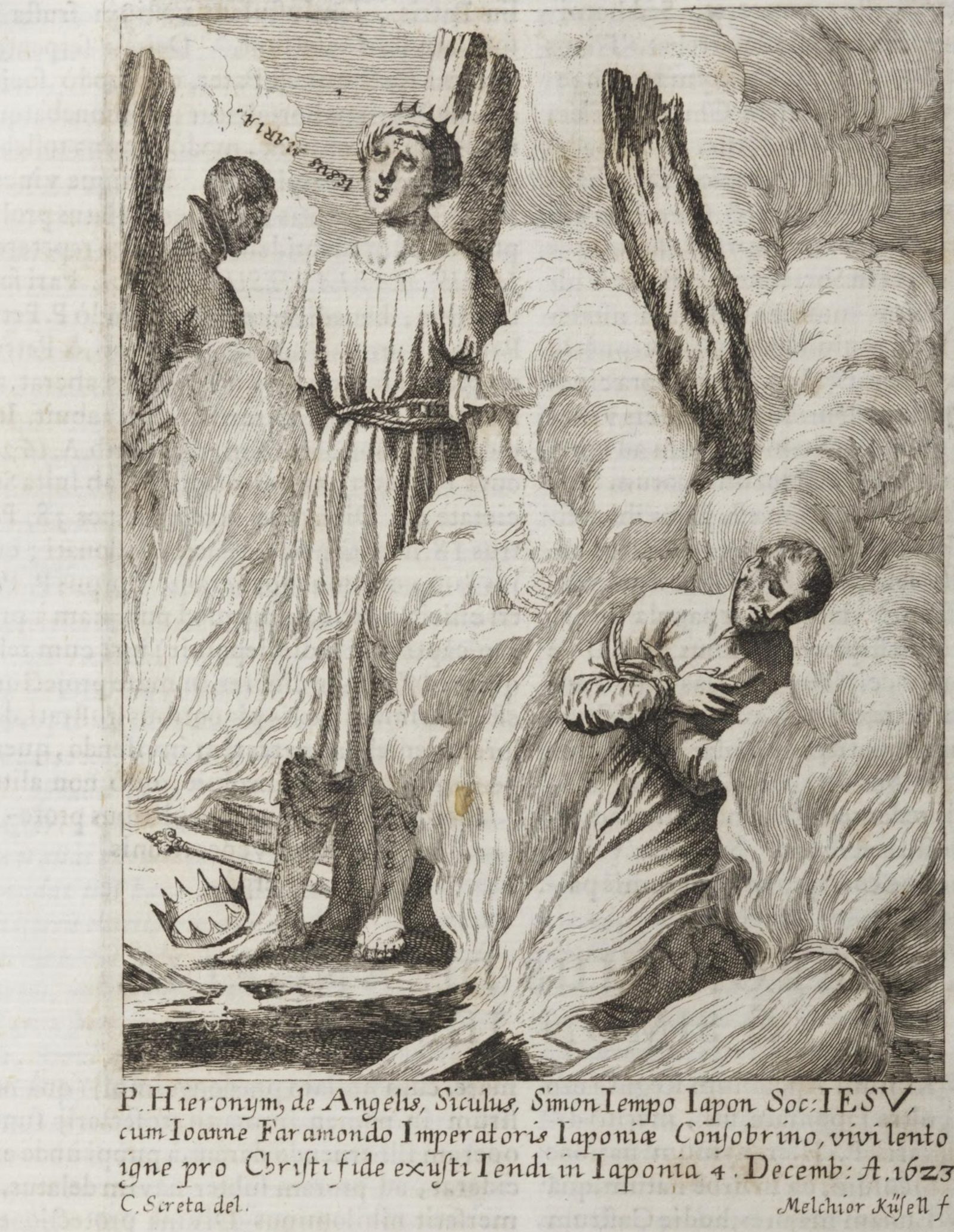Engraving of a young man bound to a stake among flames and smoke, gazing upward, a kneeling man with a hand on his chest beside him, and a crown on the ground