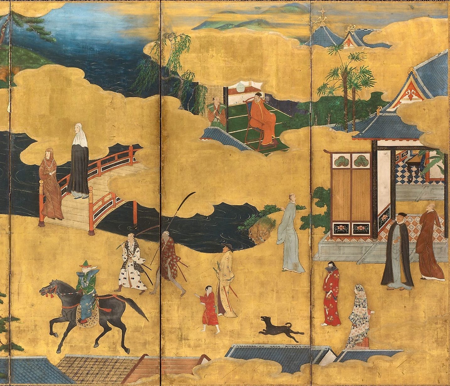 Gold-ground screen detail: cloaked figures at the steps of a tiled building, a woman in a red kimono and a veiled figure nearby, a rider and a dog in the street
