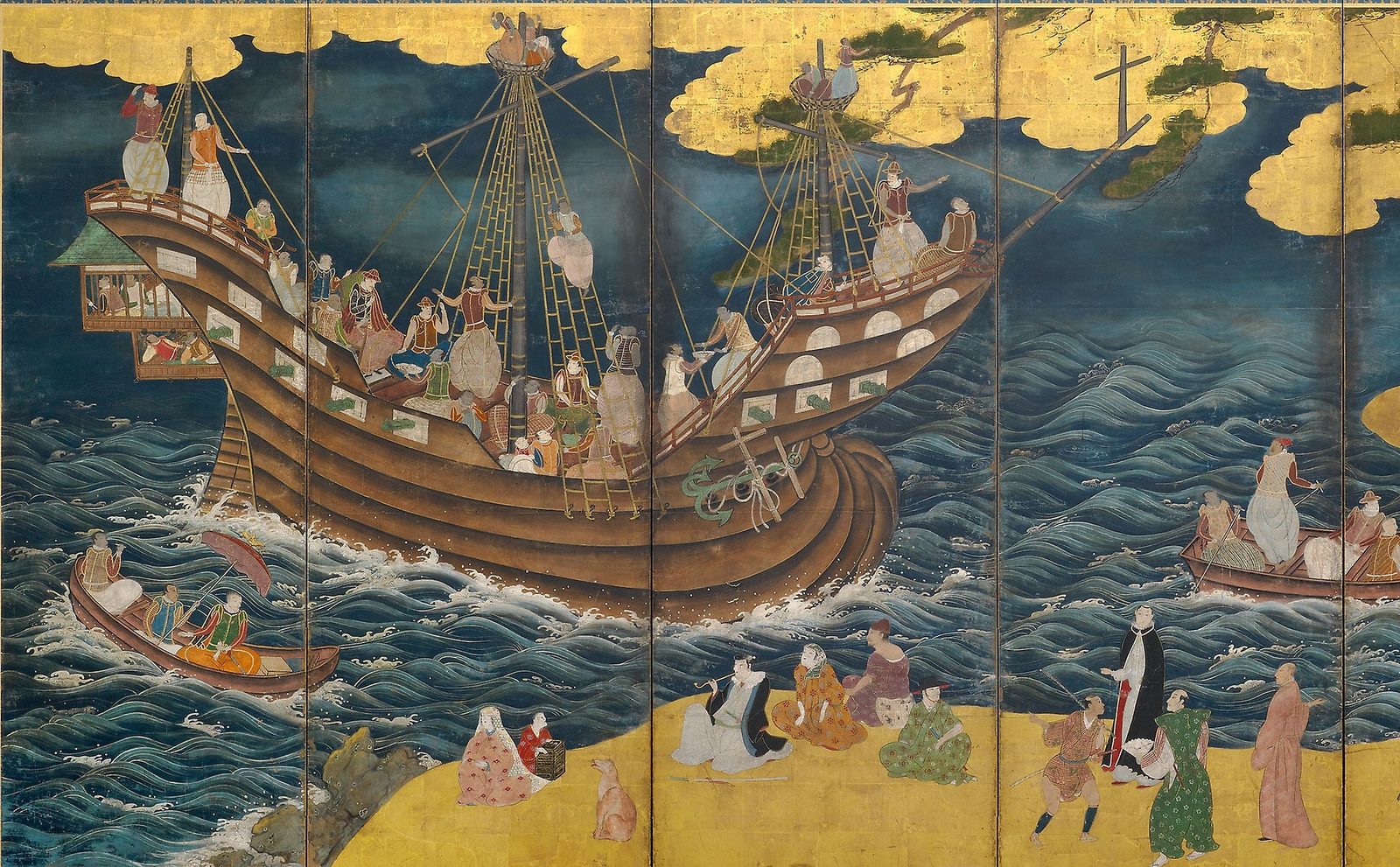 Gold-ground screen detail of a large ship crowded with sailors on heavy blue waves, rowing boats alongside and a mixed group of figures waiting on the shore