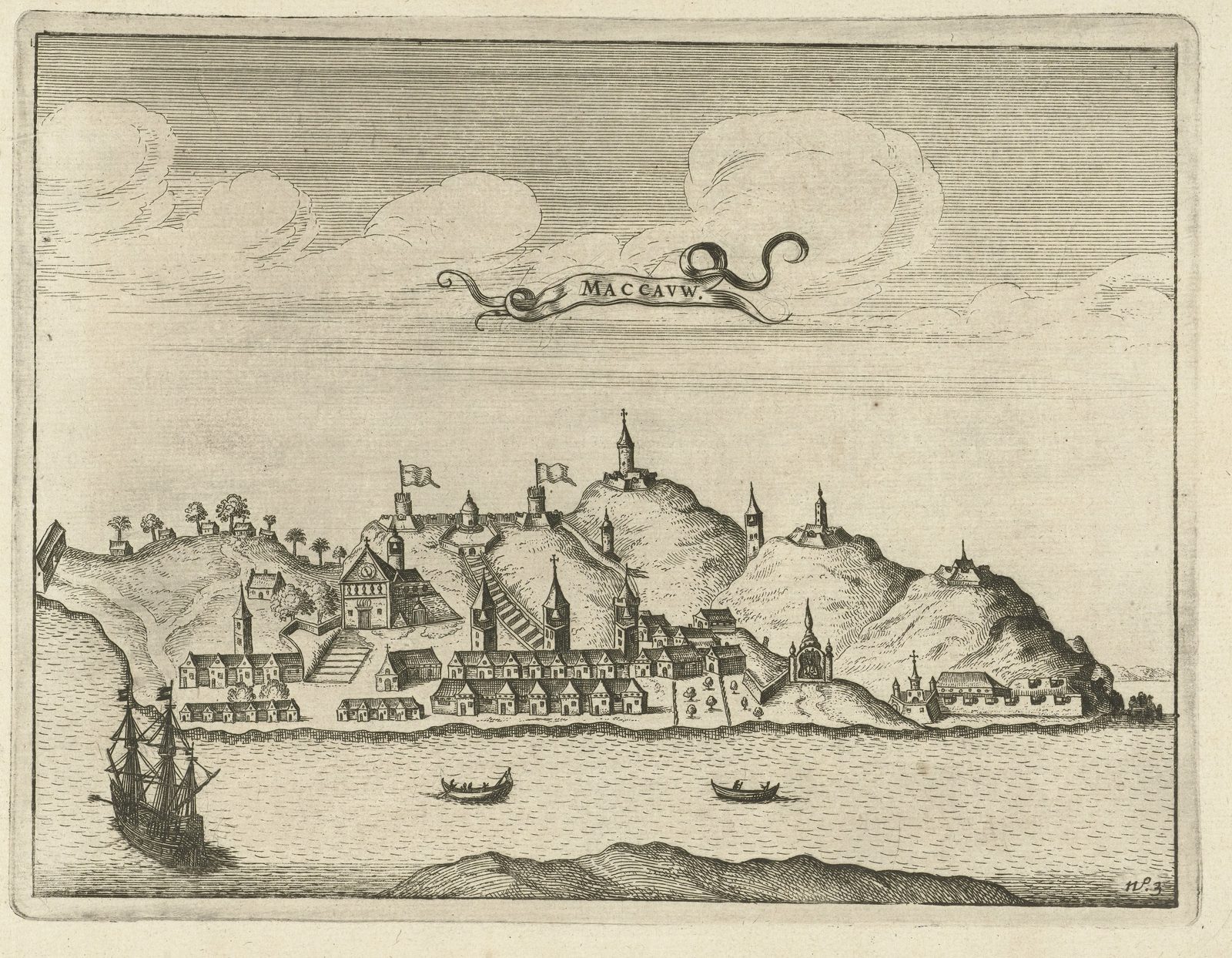 Etching of a hilly harbor town from the water: churches, flag-topped forts and rows of houses on the shore, a large ship at left and small boats in the bay