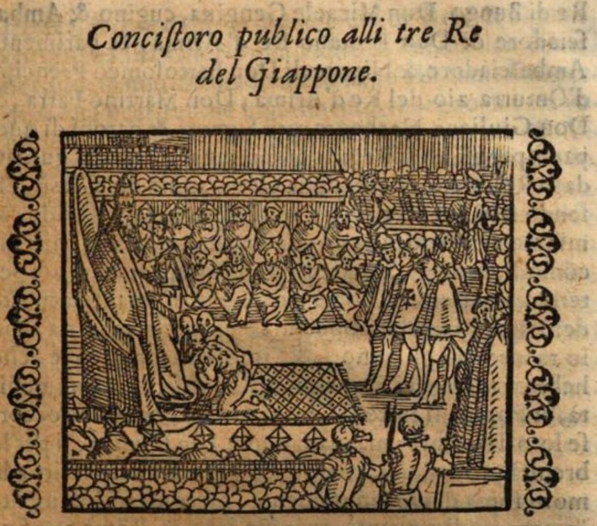 Woodcut captioned Concistoro publico alli tre Re del Giappone: the pope enthroned under a canopy, cardinals on tiered benches, figures kneeling at his feet