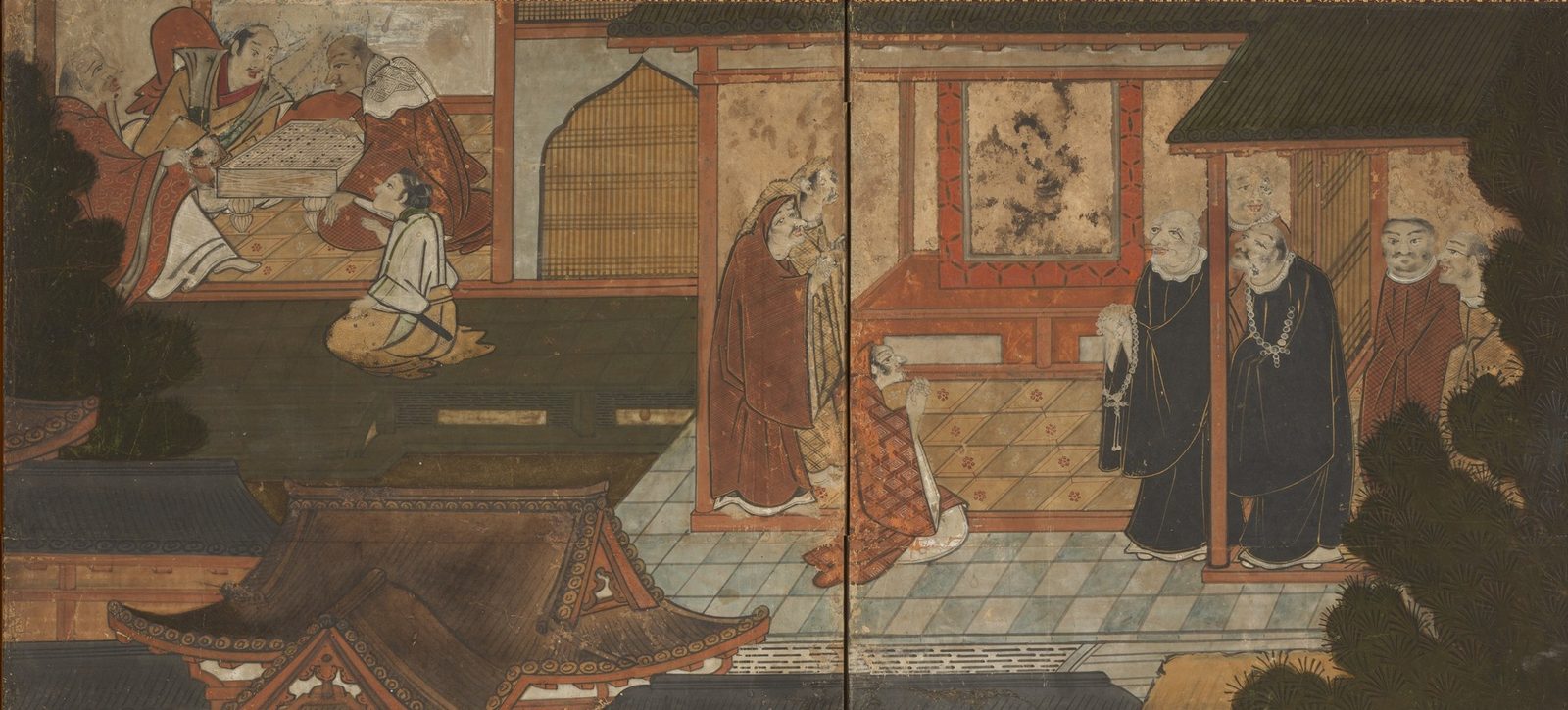 Gold screen detail: two priests in black cassocks and white collars stand under the eaves of a tiled hall as a figure in a patterned robe kneels before them