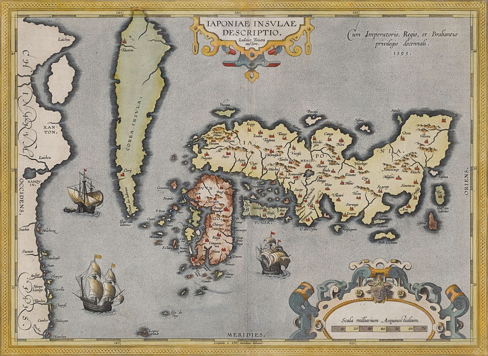 Mapa do Japão colorido de Abraham Ortelius segundo Luís Teixeira, 1595: Kyushu a vermelho com Bungo e Cangaxuma, a Coreia como ilha longa, três navios em baixo