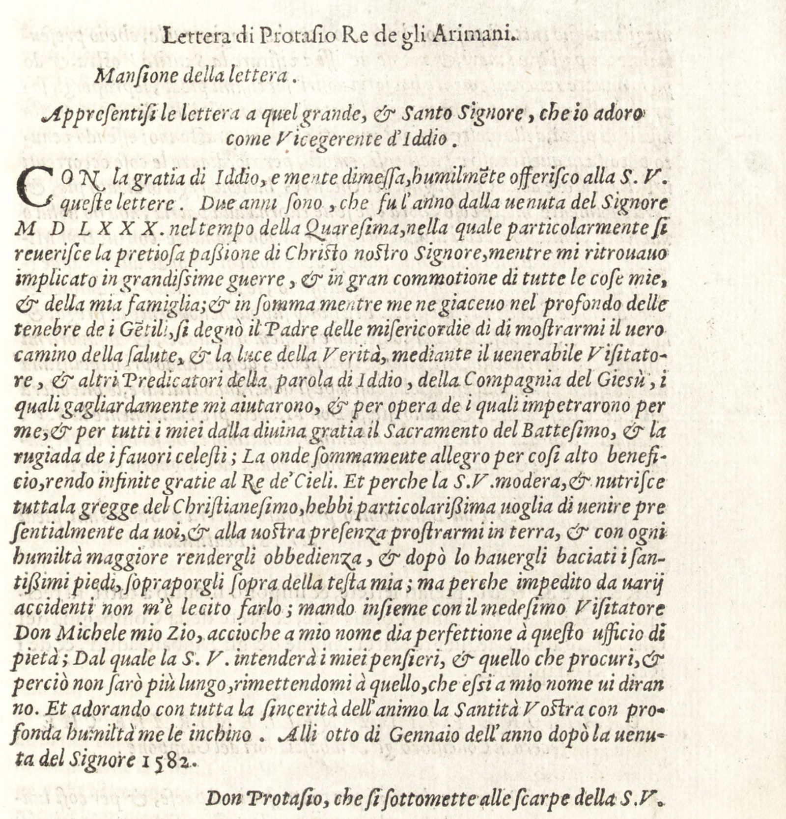「Lettera di Protasio Re de gli Arimani」と題したイタリア語の印刷頁。イタリック体の書簡で、末尾に「Don Protasio」の署名行がある