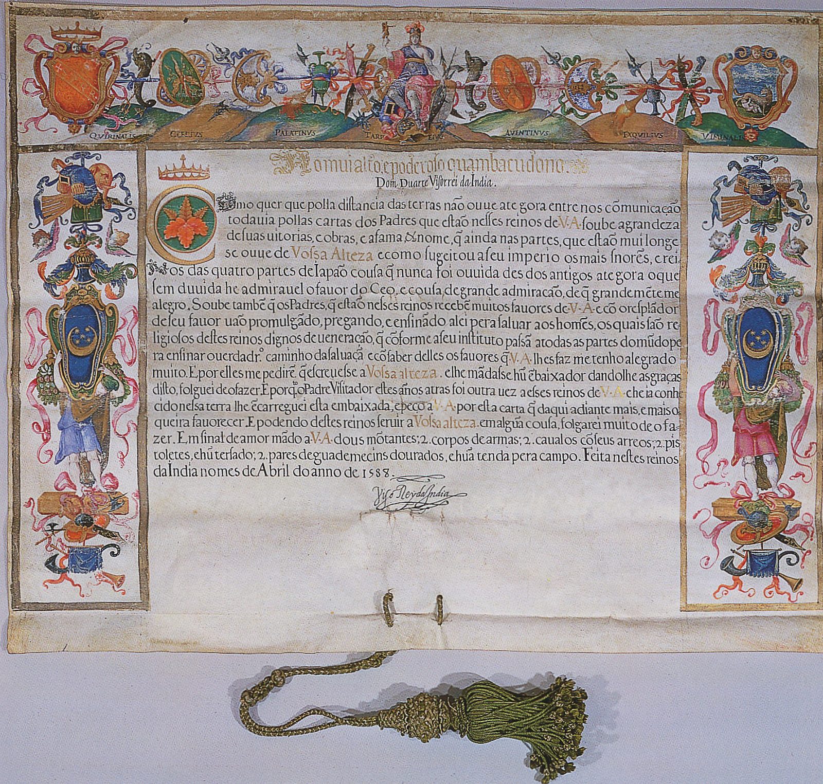 Carta iluminada de 1588 de D. Duarte de Meneses, vice-rei da Índia portuguesa, a Toyotomi Hideyoshi — o lado de Goa da correspondência com os jesuítas que Hideyoshi recebeu e conduziu pelo Castelo de Osaka