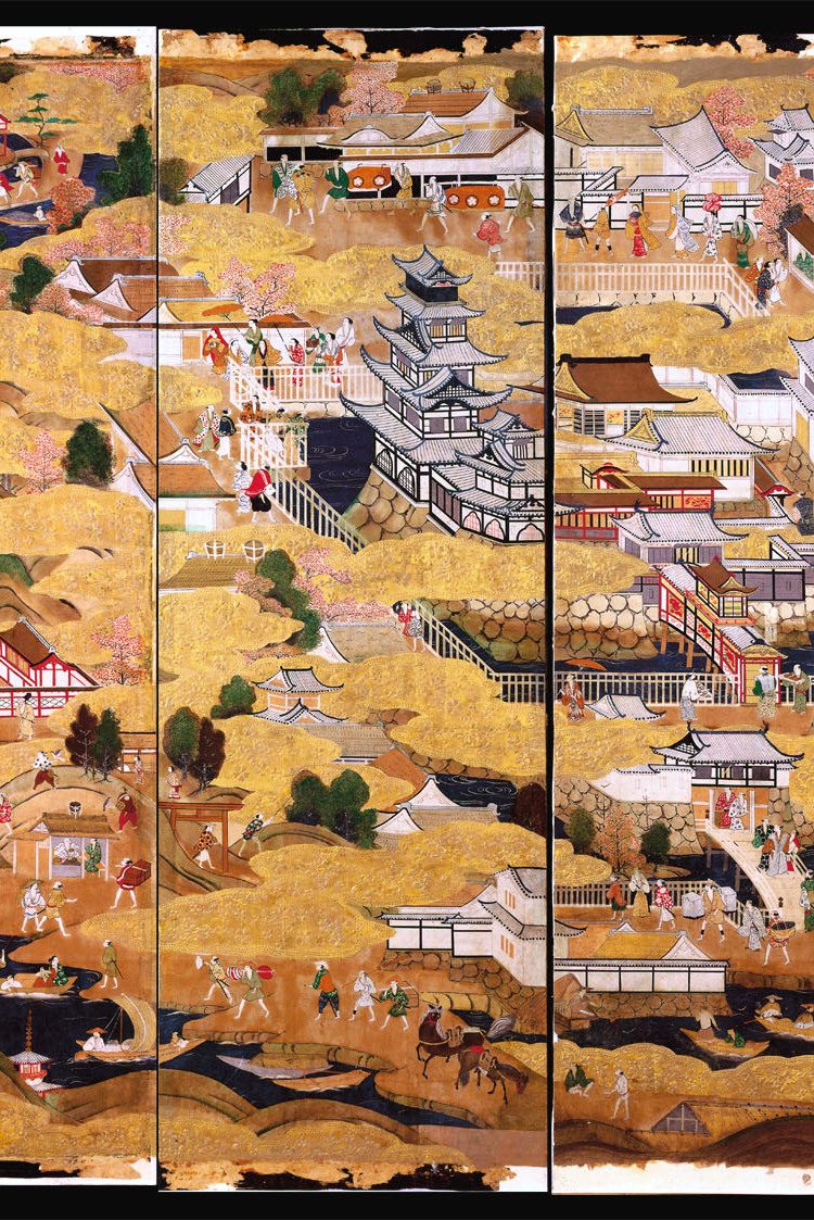 O torreão dourado e negro do Castelo de Osaca erguendo-se sobre a sua própria cidade-castelo, num biombo pintado enquanto a fortaleza construída por Hideyoshi ainda estava de pé, antes da sua destruição no cerco de 1615
