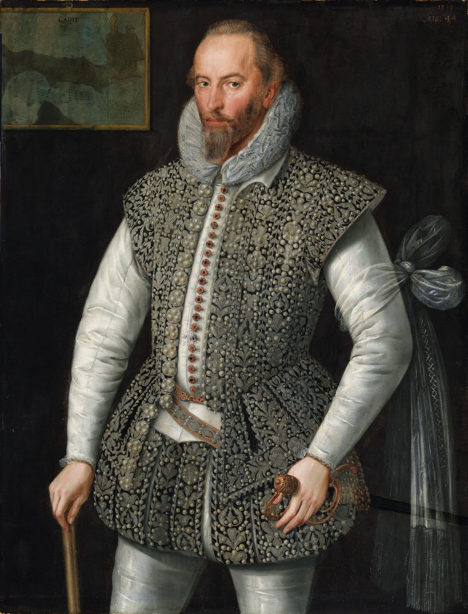 1598年のウォルター・ローリー卿。その6年前、女王が彼をロンドン塔から釈放し、ダートマスで略奪される「マードレ・デ・デウス」号の積み荷を収拾させた