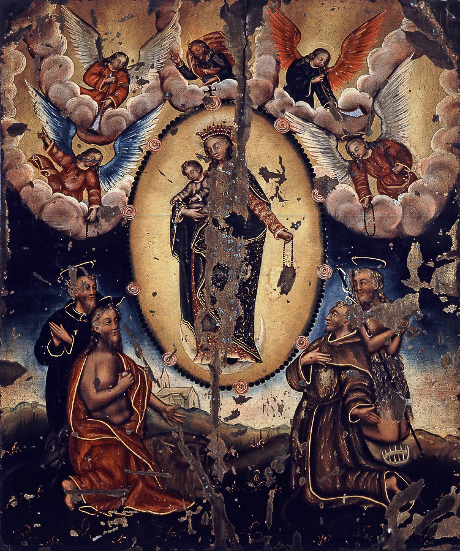 Small oil painting of the crowned Virgin holding the Child and a rosary in an oval of light, angels above and four kneeling saints below, its surface flaked