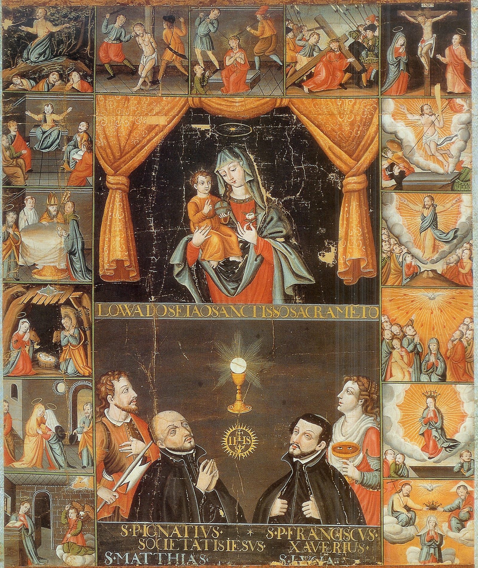 Japanese Christian painting of the Virgin and Child framed by fifteen small scenes, with a chalice and four saints, two of them Jesuits, below