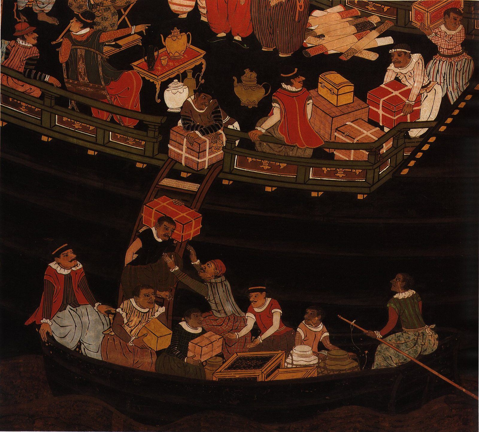 Unloading the Portuguese cargo: detail from the Kanō Domi nanban screen in Lisbon