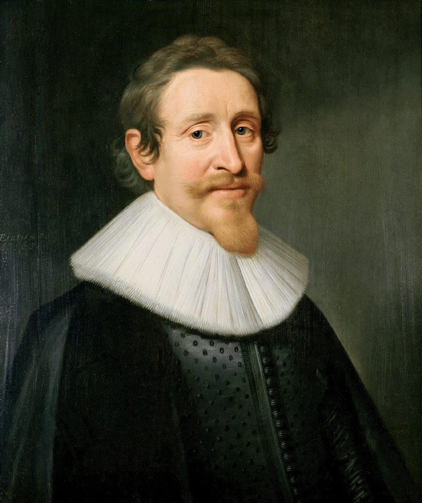 Um retrato de 1631 do jurista neerlandês Hugo Grotius, autor da defesa jurídica da captura holandesa da nau portuguesa Santa Catarina, obra que se tornaria um fundamento do direito marítimo internacional