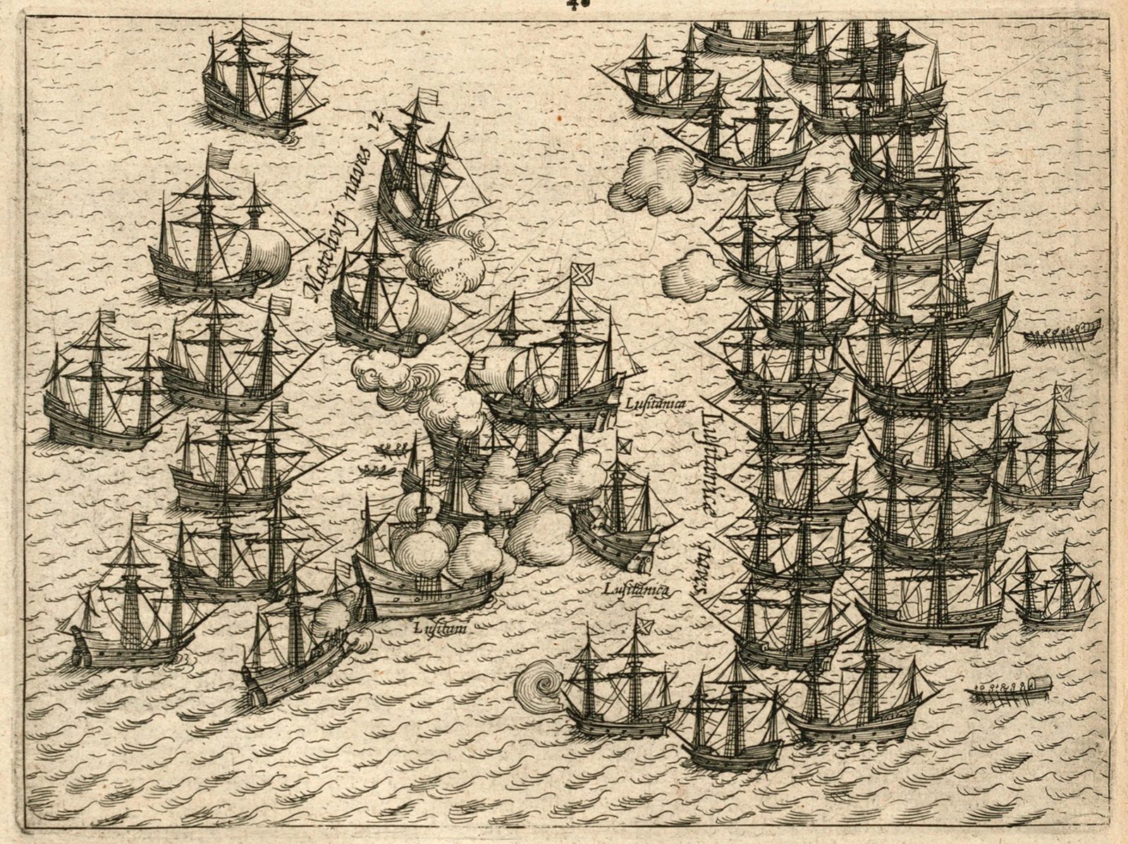 Uma gravura holandesa da época, da batalha de 1606 por Malaca entre uma frota da VOC e os portugueses, parte da guerra naval que a União Ibérica trouxe ao império português na Ásia
