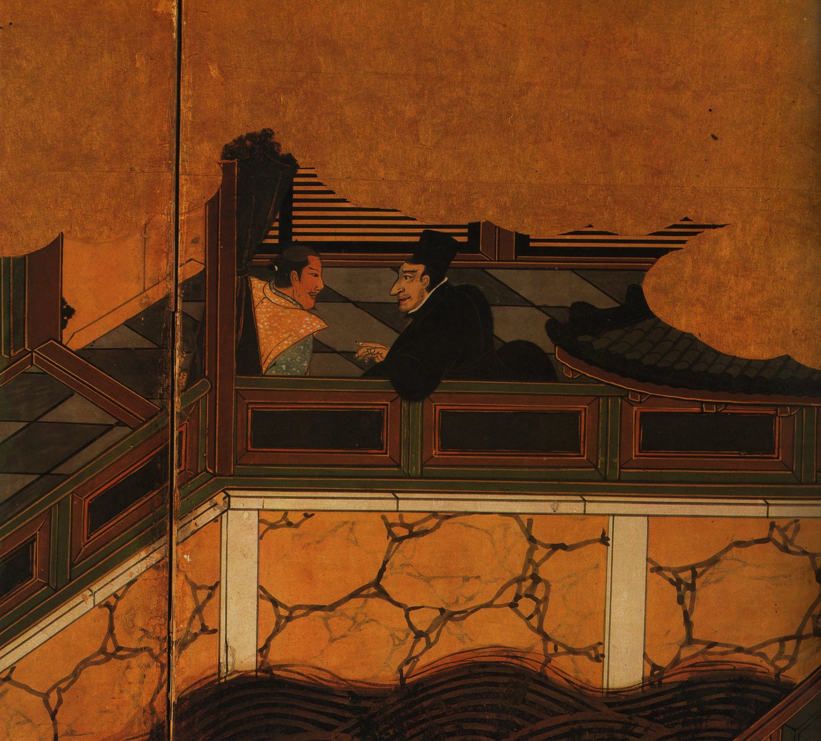 Gold-ground screen painting of a man in a black robe and cap talking with a man in a patterned robe, in an upper room above a stone wall