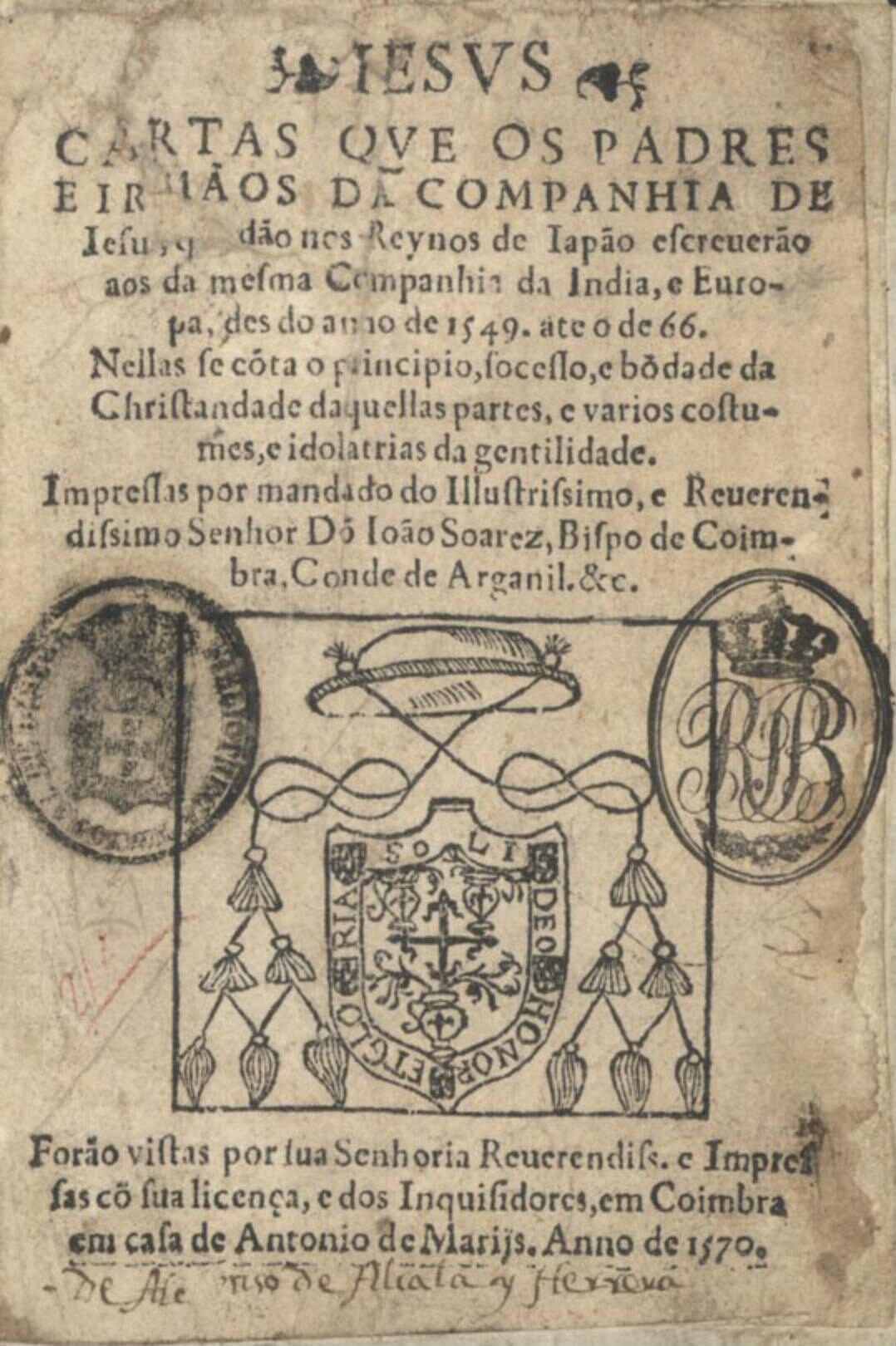 Title page of the Jesuit letters from Japan, Coimbra, 1570: the heading IESVS, a woodcut coat of arms under an ecclesiastical hat, two library stamps