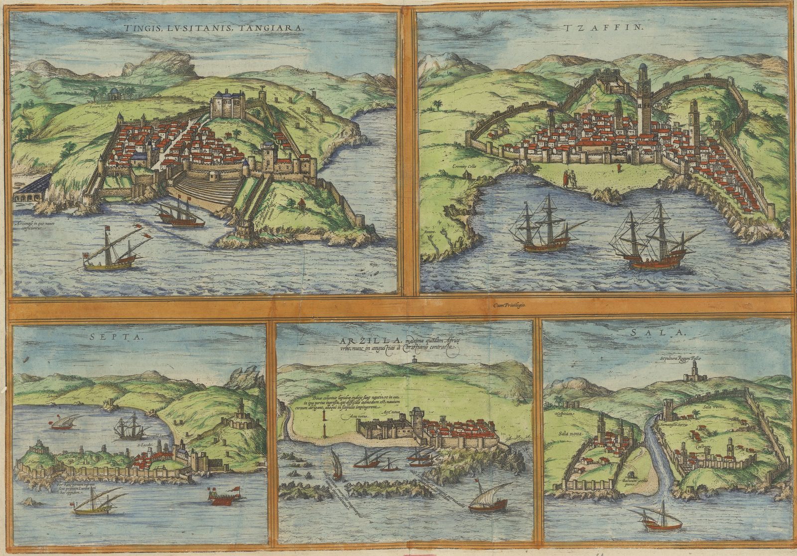 Hand-colored sheet of five bird's-eye views of towns on the Moroccan coast: Tangier and Safi above, Ceuta, Arzila and Salé below, with ships offshore