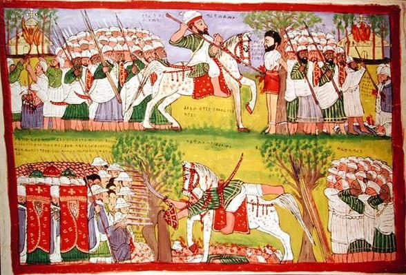 Pintura tradicional etíope da morte do imã Ahmad ibn Ibrahim al-Ghazi na batalha de Wayna Daga, em 1543, que pôs fim à guerra