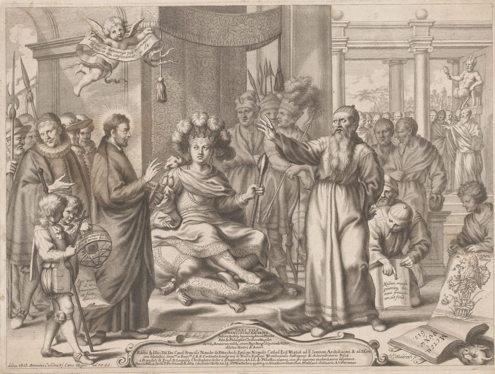 Engraving of a haloed priest addressing a ruler enthroned in a plumed crown, while a bearded man in long robes gestures opposite and guards look on