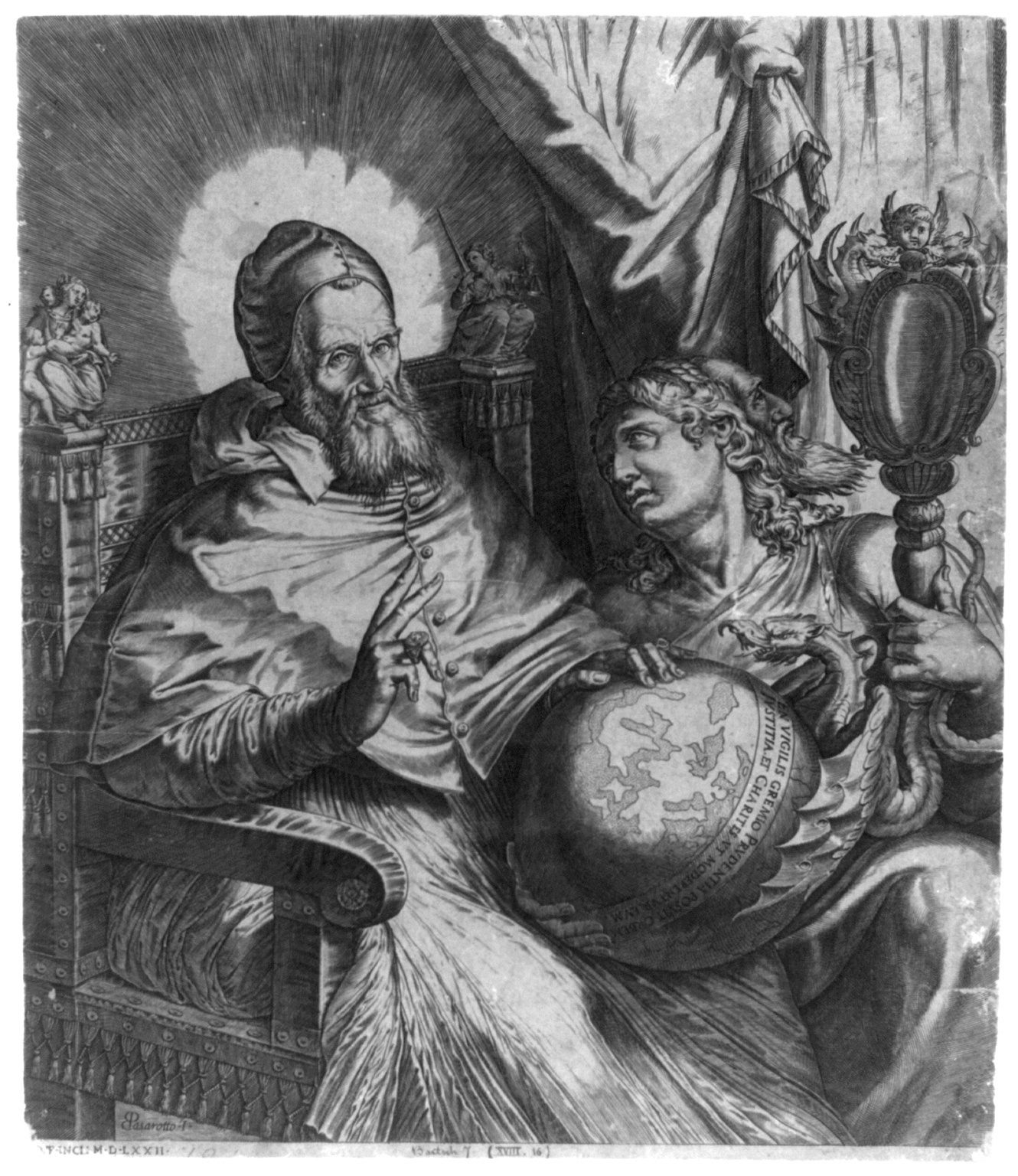 Engraving of an elderly bearded pope in a skullcap seated in a carved chair, blessing, one hand on a globe held by a young figure with a mirror and a serpent