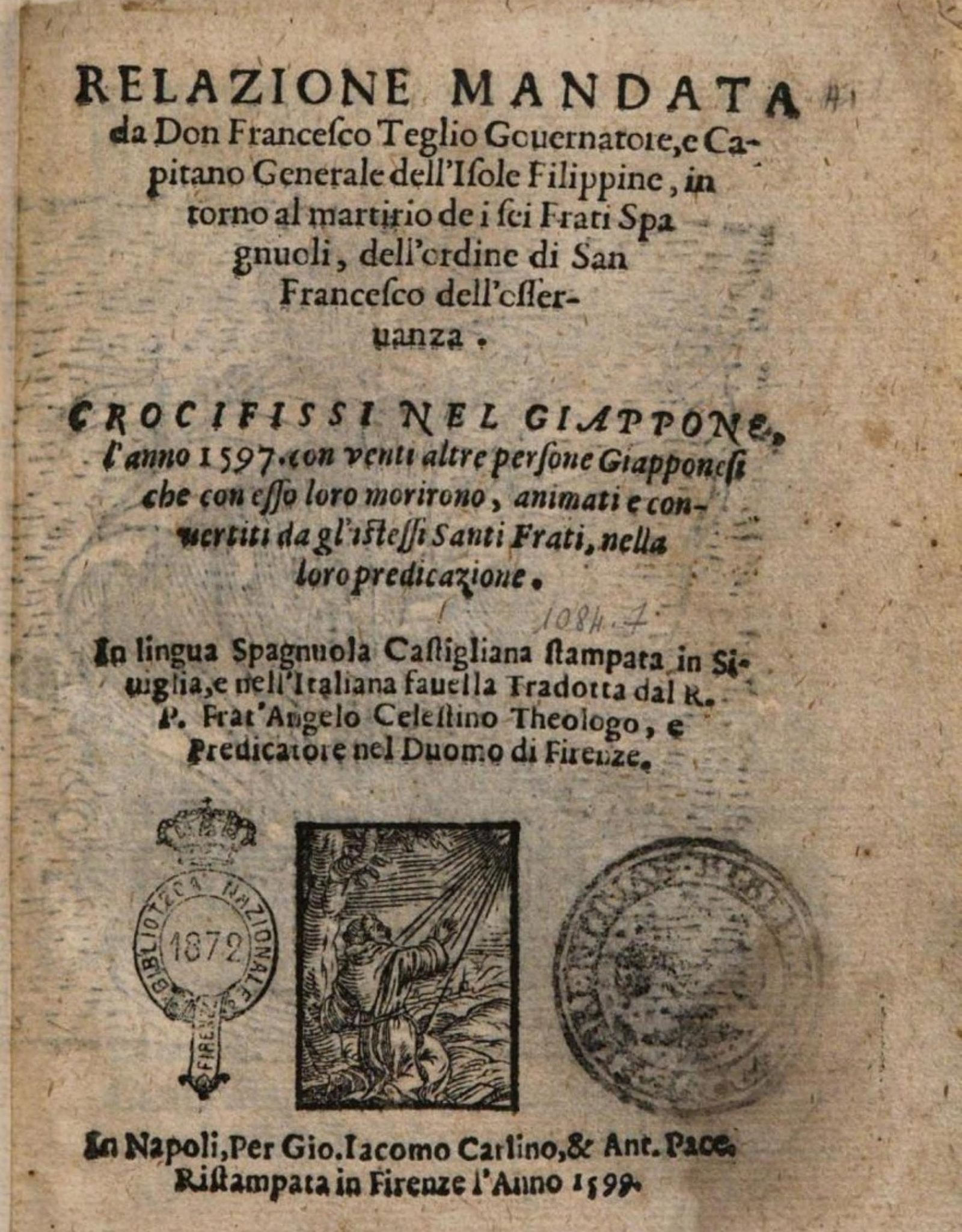An Italian title page in roman and italic type above a small woodcut of a kneeling friar receiving rays of light, flanked by two library stamps