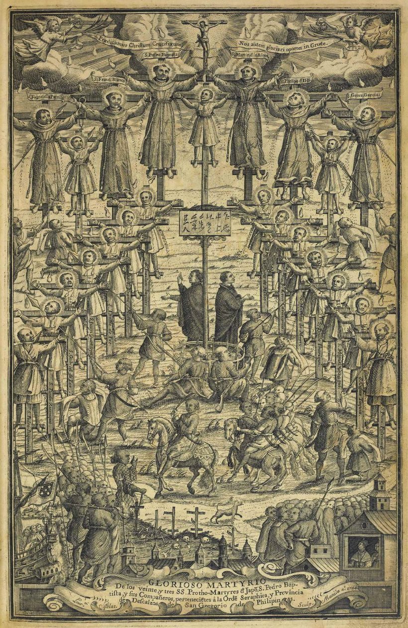 The Nagasaki protomartyrs: San Pedro Bautista and companions, engraving by Laureano Atlas, Manila 1744