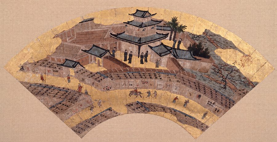 The Nanban-ji church in Kyoto on a fan painting by Kanō Sōshū