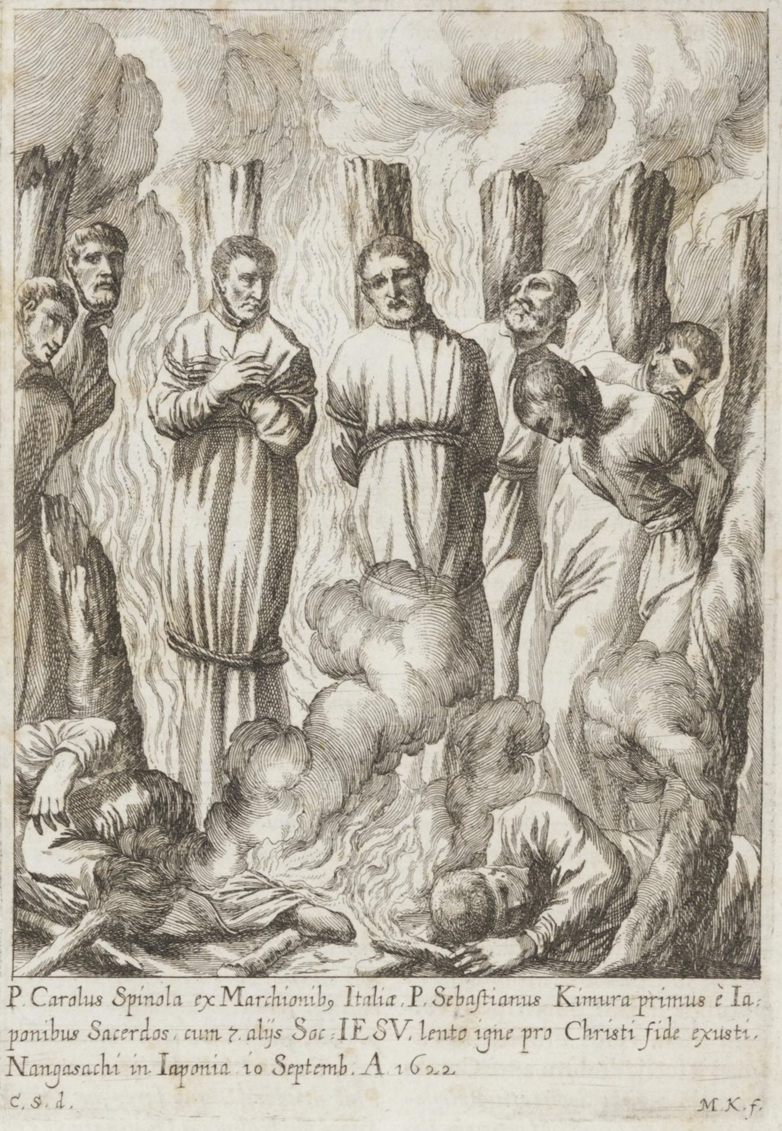 炎と立ちのぼる煙のなか、高い柱に縛られた長衣の男たちを描いた銅版画。手を合わせる者やうなだれる者がおり、足もとの火の中には倒れた人々が横たわる