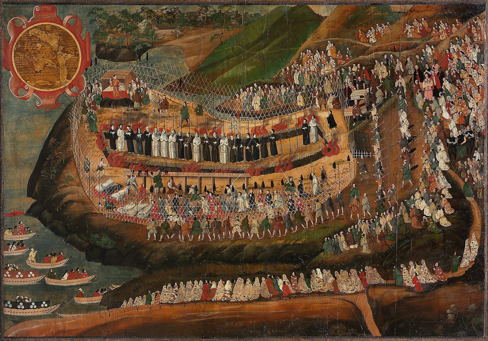 O Grande Martírio de Nagasáqui, 1622: pintura contemporânea das execuções na colina de Nishizaka