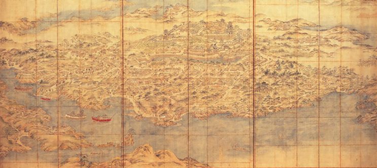 Hizen Nagoya Castle on a folding screen by Kanō Mitsunobu — Hideyoshi's stronghold on the Kyushu coast