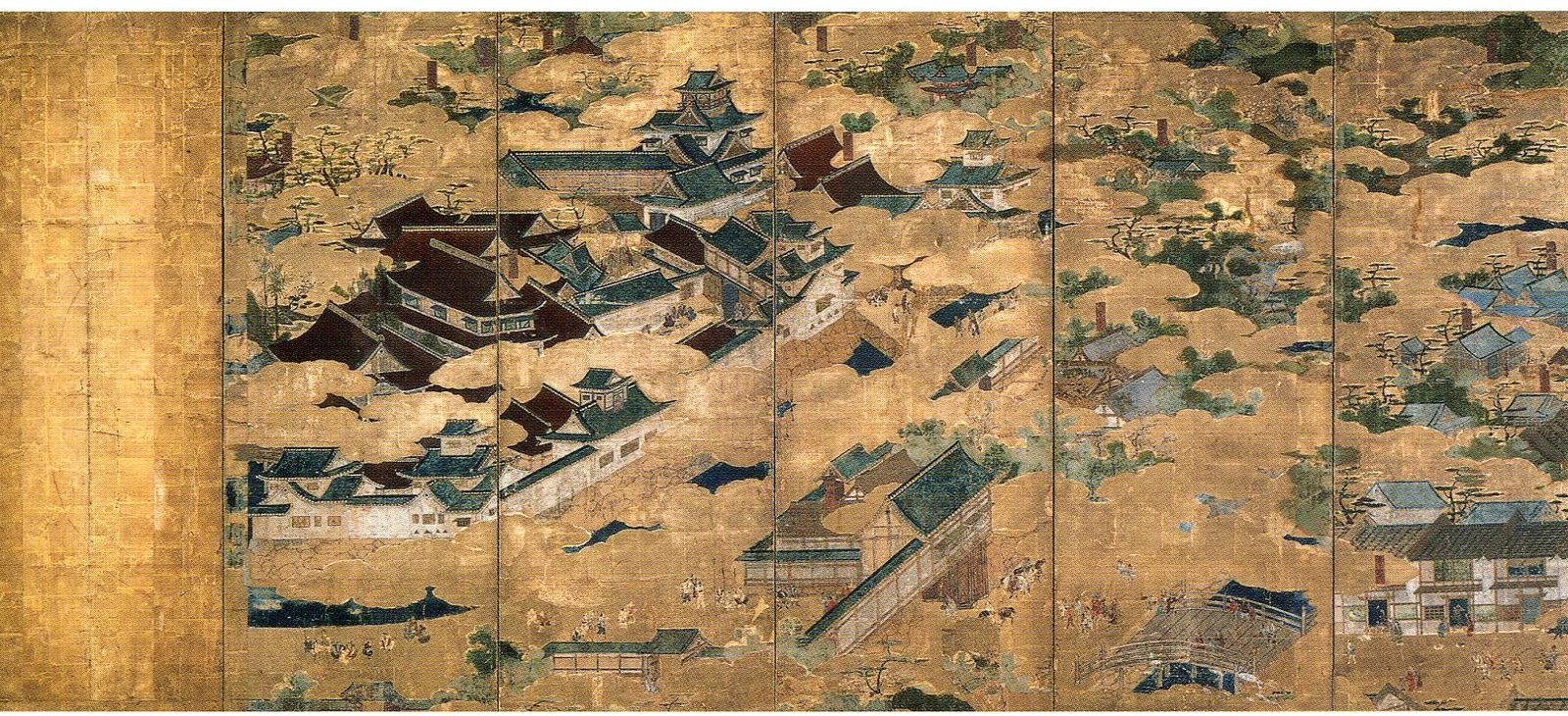 Late-16th-century gold-ground folding screen of the Jurakudai, Hideyoshi's Kyoto palace: tiled halls and a tall keep among blossoming trees behind white walls