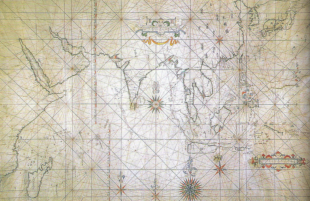 A Japanese portolan sailing chart of the early seventeenth century, the kind of instrument a red-seal voyage was navigated by