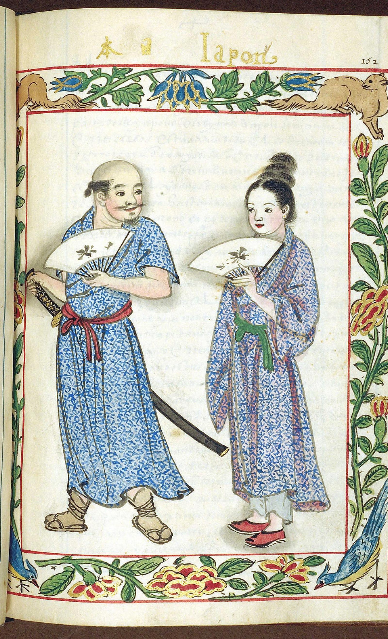 A Japanese man and woman in the Boxer Codex, Manila, c. 1590: he in a blue patterned kimono with a long sword and fan, she in a figured robe, headed Iapon