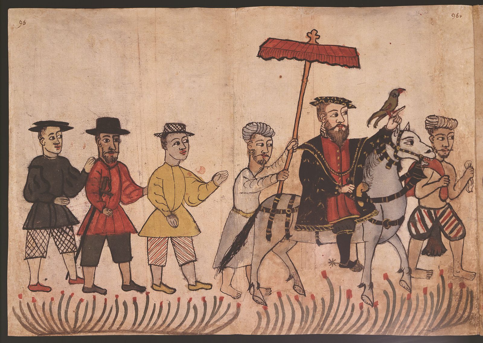 Bearded Portuguese nobleman rides a gray horse, hawk on fist, a turbaned servant holding a parasol, a groom and three attendants on foot; watercolor, c. 1540