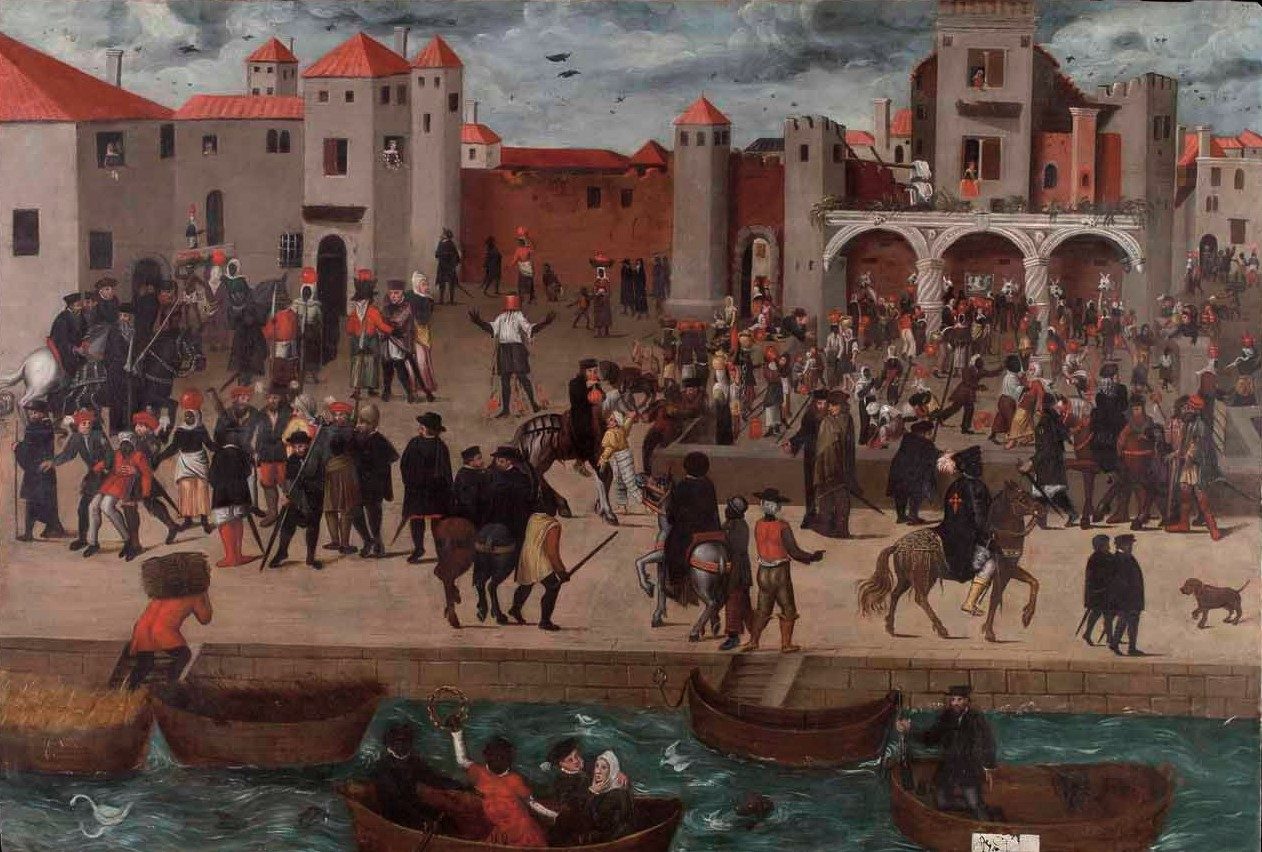 Lisbon's King's Fountain square about 1570, crowded with water-carriers, porters and sellers, many African, a Black knight riding through, boats on the Tagus