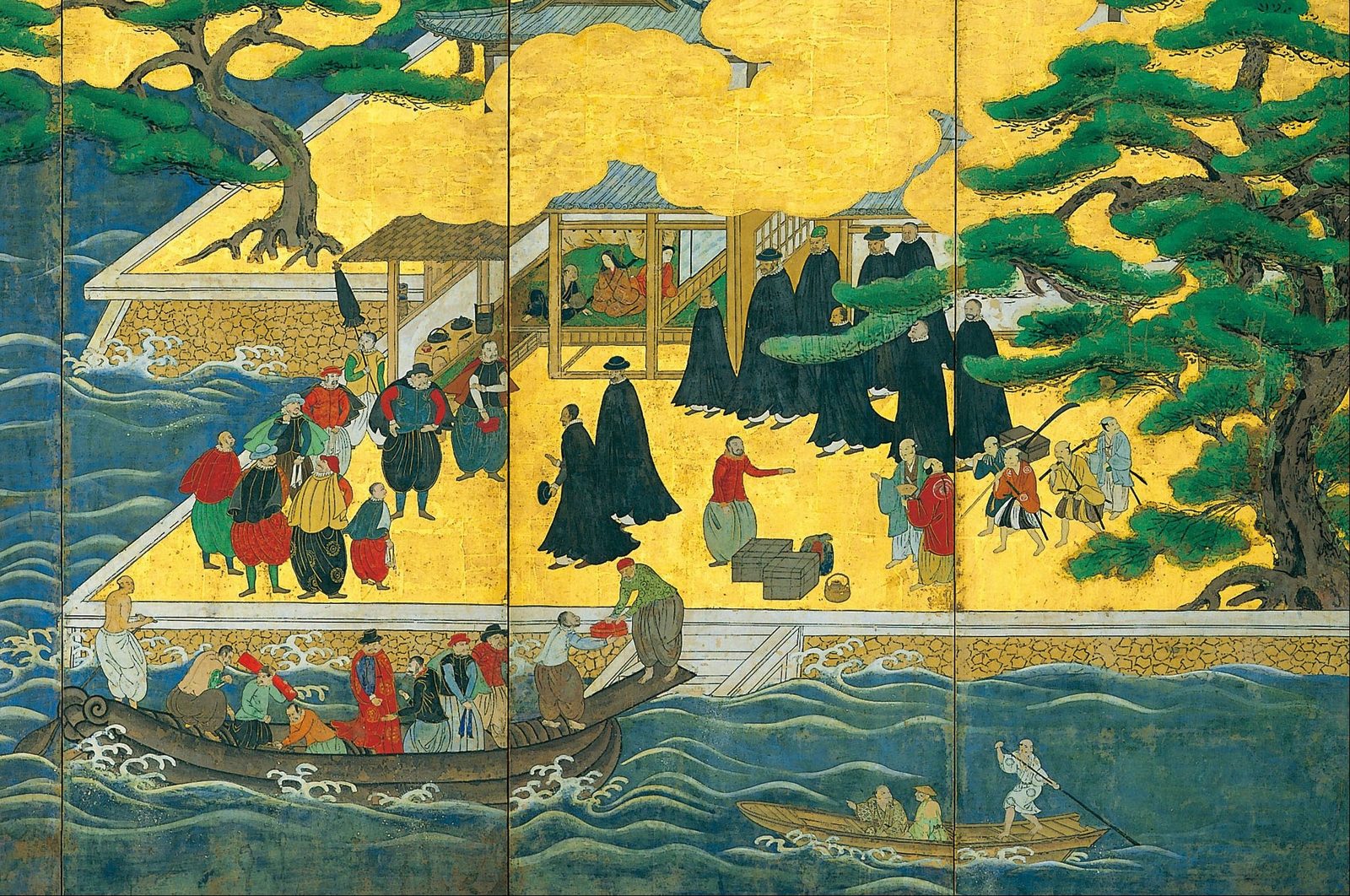 Nanban screen detail, c. 1600: Jesuits in black robes on the quay receive the captain-major's party coming ashore, Japanese porters and onlookers around them