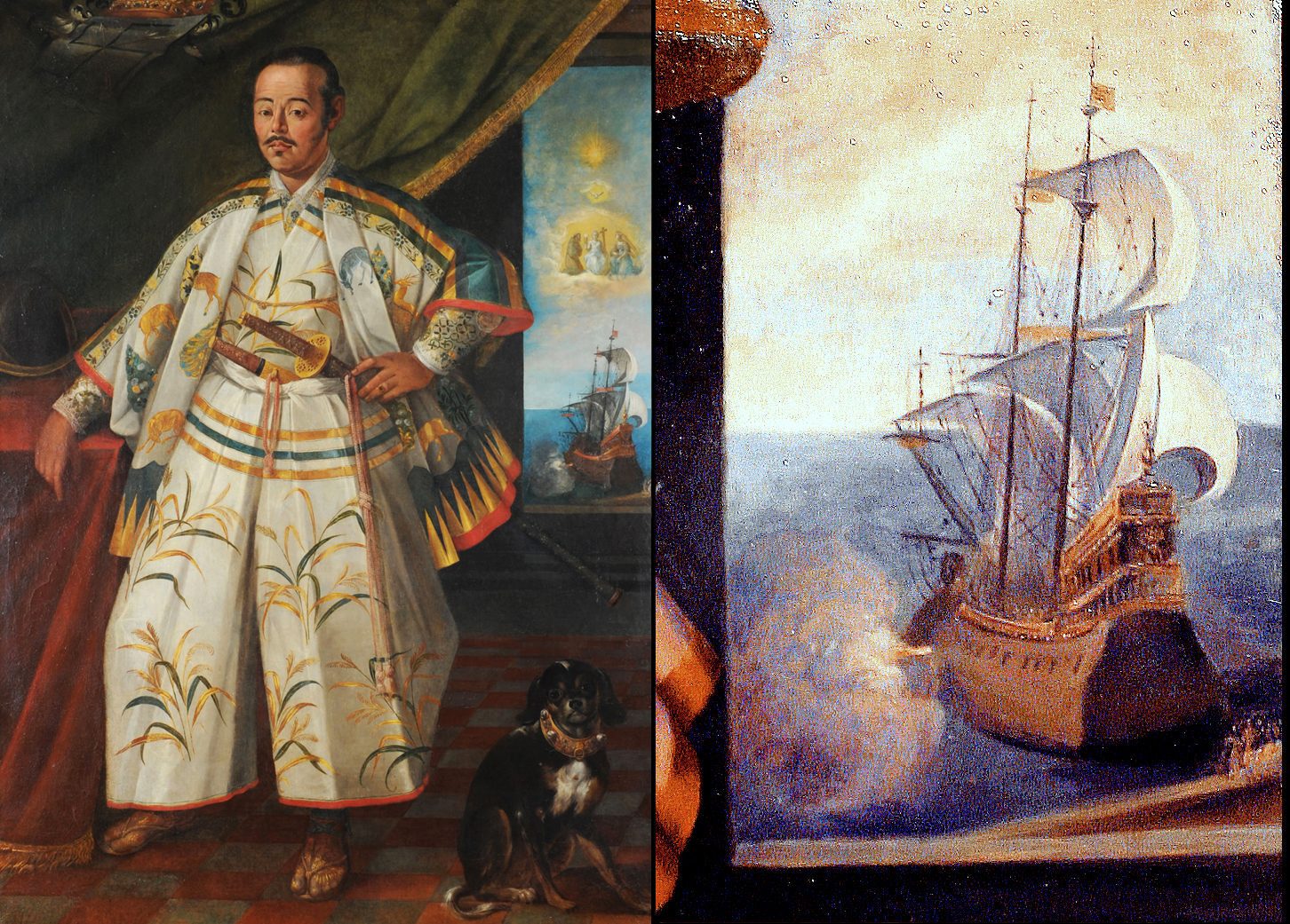 Detail of the 1615 Hasekura portrait: the embassy's galleon under sail