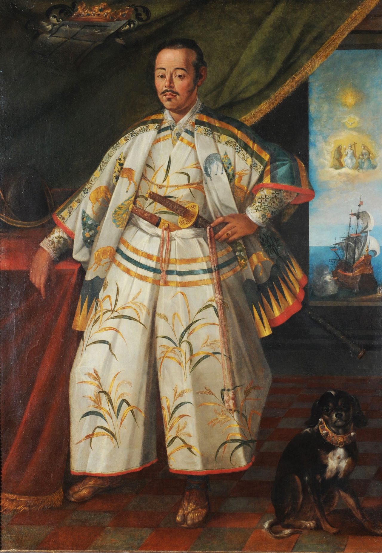 Portrait of Hasekura Tsunenaga in Rome, 1615, in samurai dress before ships