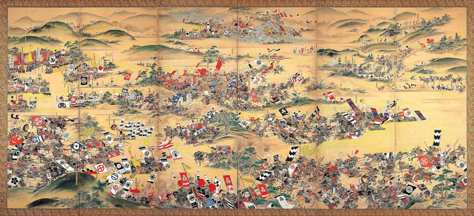 『関ヶ原合戦屏風』。北から見た合戦を描く。小西の部隊が島津勢と並んで西軍の中央を支えた隘路である