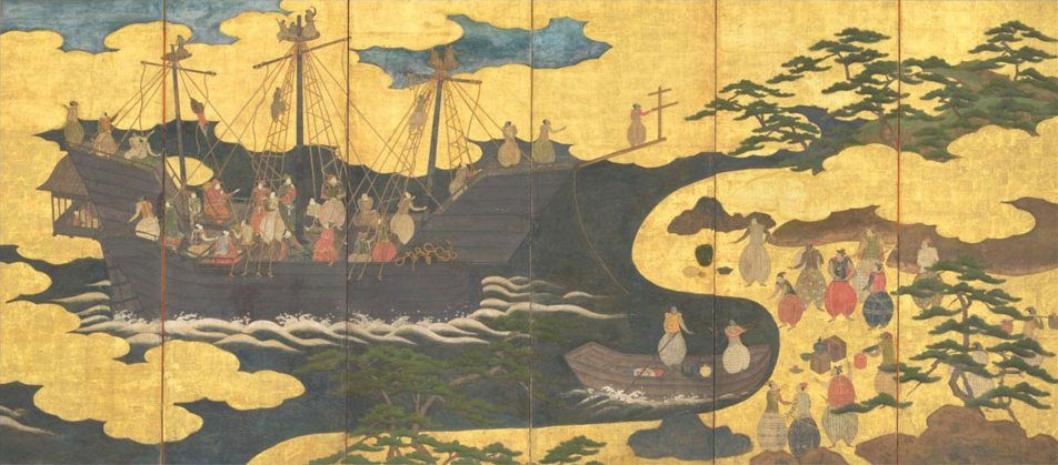 「南蛮船来航図」六曲一隻の南蛮屏風、16世紀末から17世紀初頭。九州の錨地へ寄せていくナウ船を描く