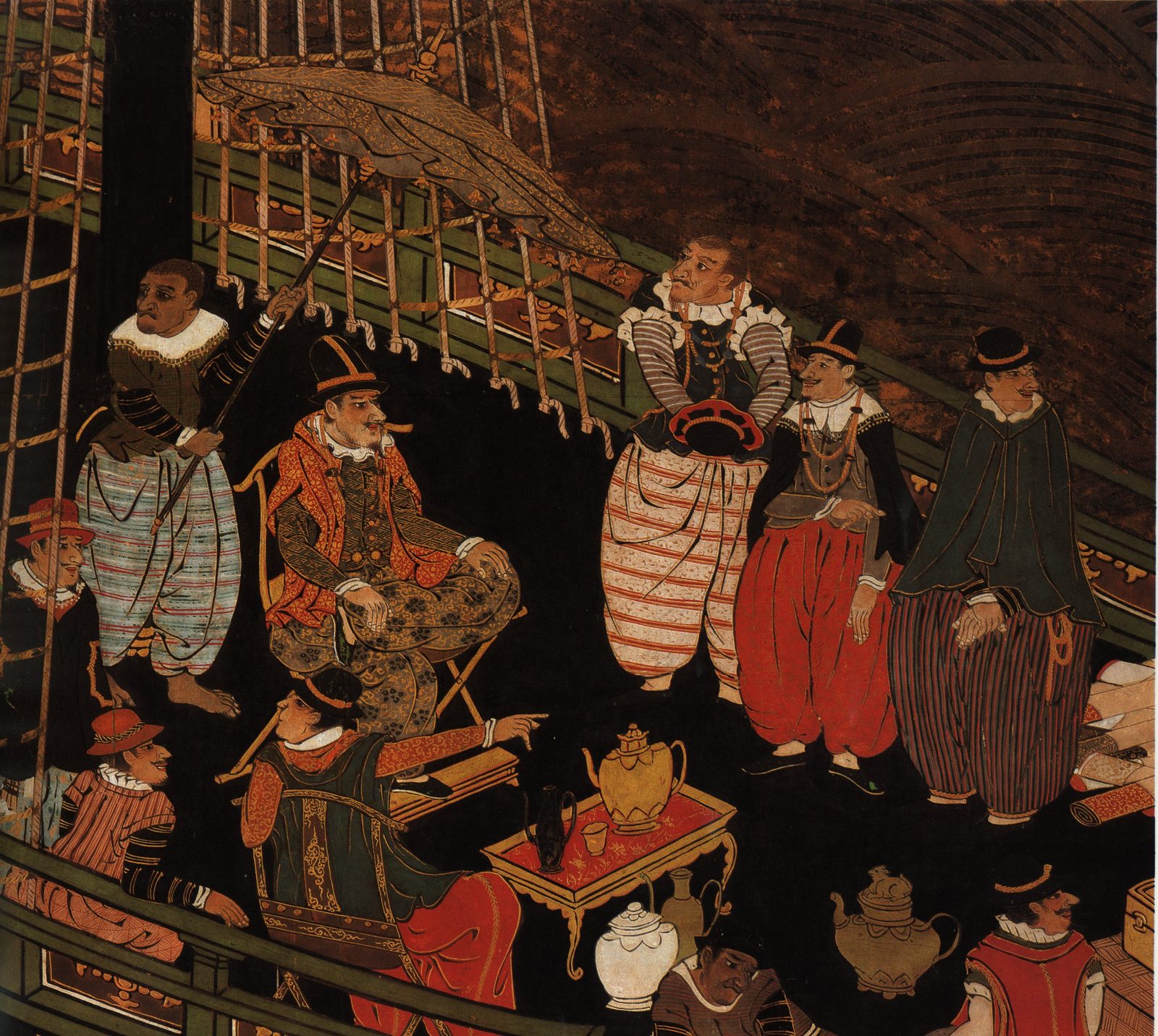Screen detail of a ship's deck: a seated captain under a parasol held by a dark-skinned attendant, men in striped breeches, jars and a low table