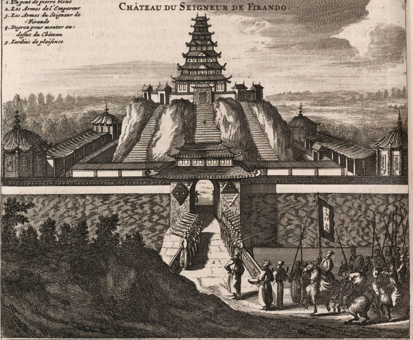Engraving of a walled castle with a tall tiered tower on a hill, a gate flanked by ranks of musketeers, and horsemen with a banner in the foreground