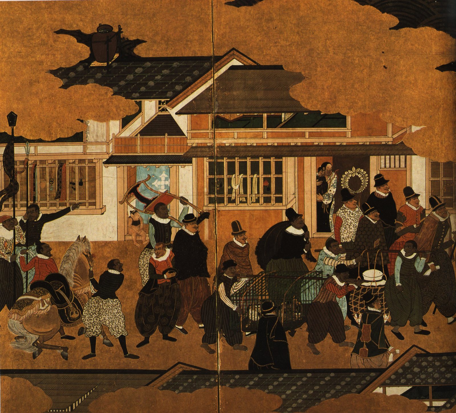 Portuguese merchants and attendants process past a Japanese mansion on a gold-ground Nanban screen, one leading a saddled horse