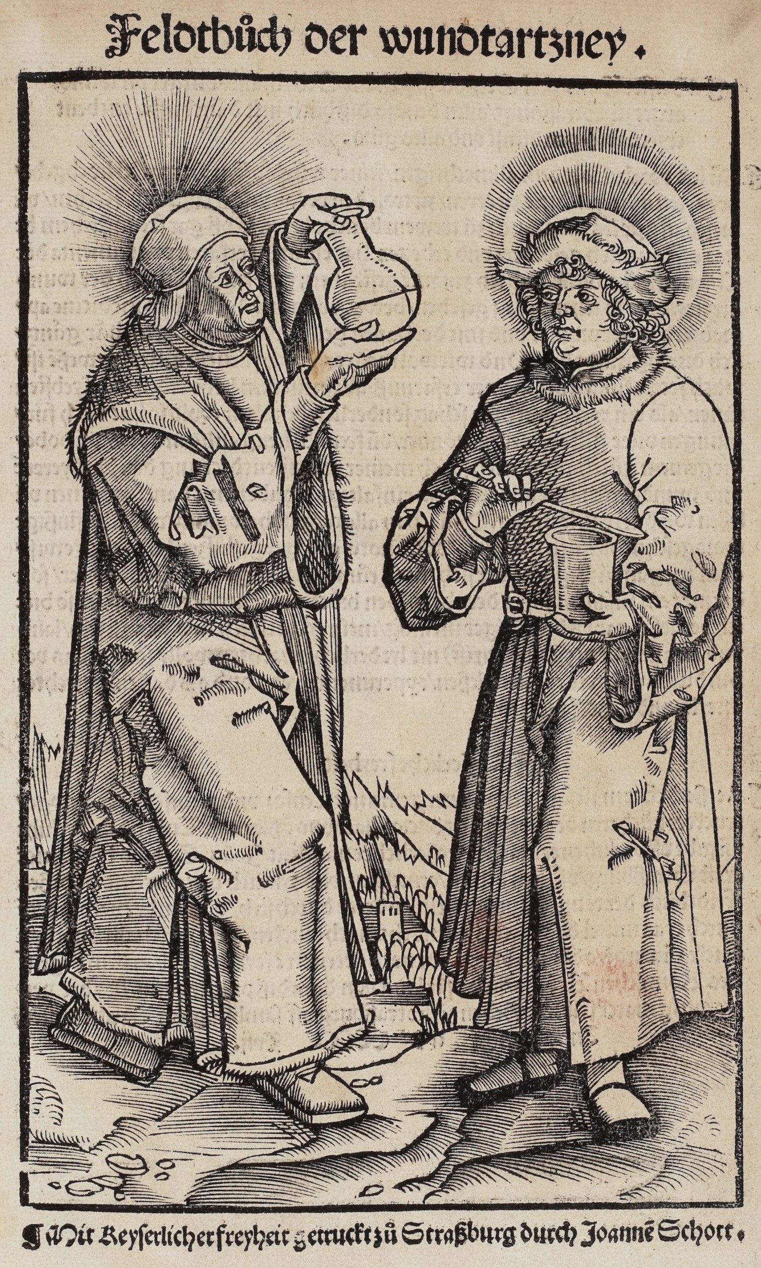 Title page of a 1517 field-surgery manual: two physicians in fur-trimmed robes, one holding a glass flask of urine up to the light