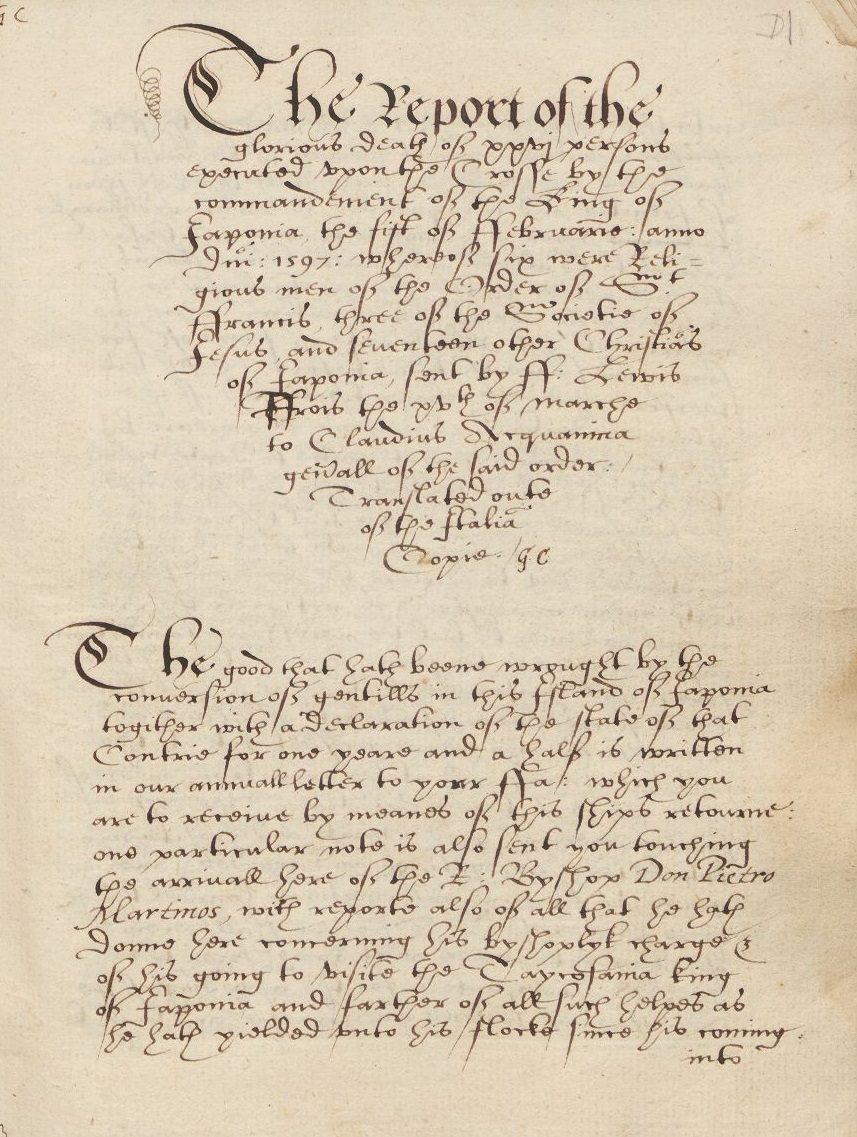 Opening page of a manuscript English translation of Luís Fróis's 1597 report on the Twenty-Six Martyrs, headed in a flourished secretary hand