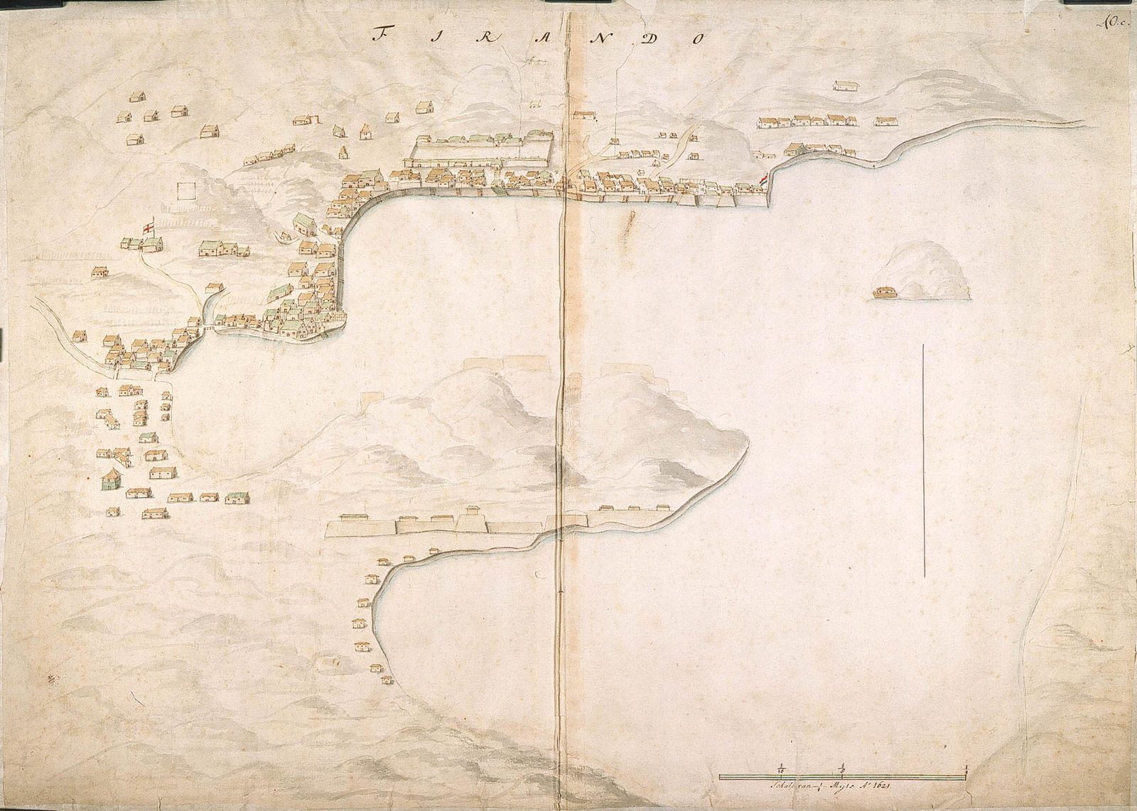 平戸（1621年）。オランダ商館が旗を掲げた湾を測量したオランダの地図。同じ年、英蘭私掠船「防衛艦隊」を抑え込んだ、幕府による海賊行為禁止の布告が出された場所である