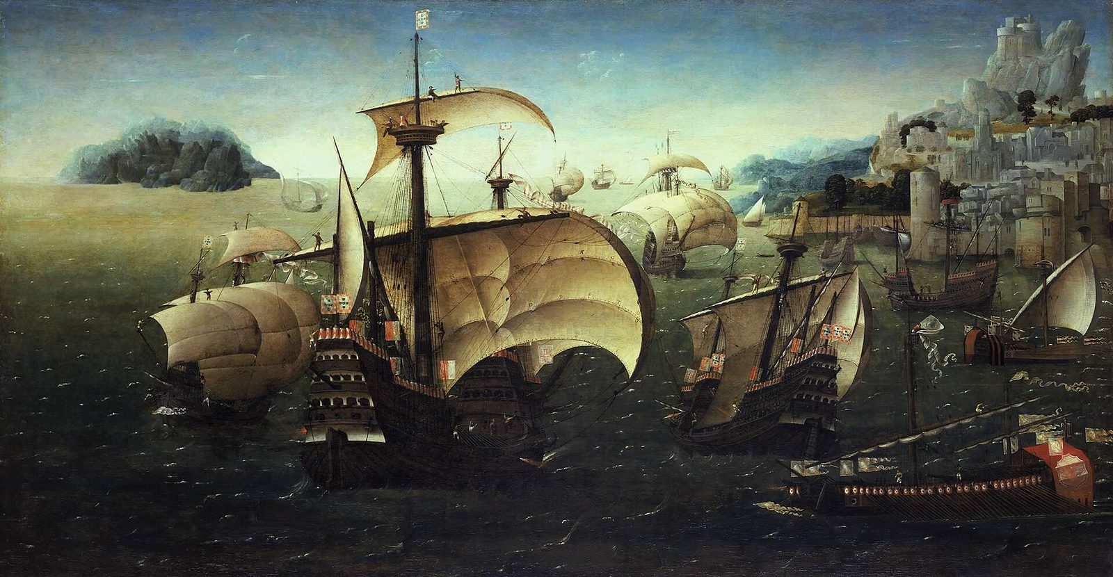 Portuguese carracks off a rocky coast, painting from c. 1540