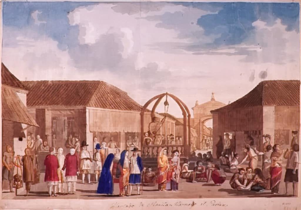1792年のマラスピナ探検隊の画家が描いた、マニラの中国人隔離市場パリアン。当時すでに二百年以上にわたり市の一部であり続け、虐殺のたびに幾度も再建されてきた